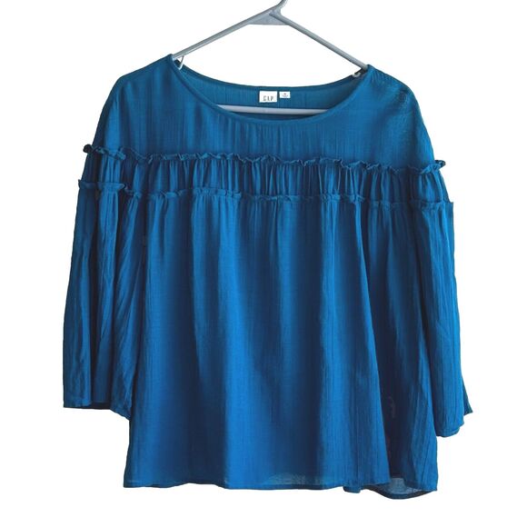 Gap Tiered Ruffle Blouse Size M Teal 3/4 Butterfly Sleeves Top - Picture 1 of 8